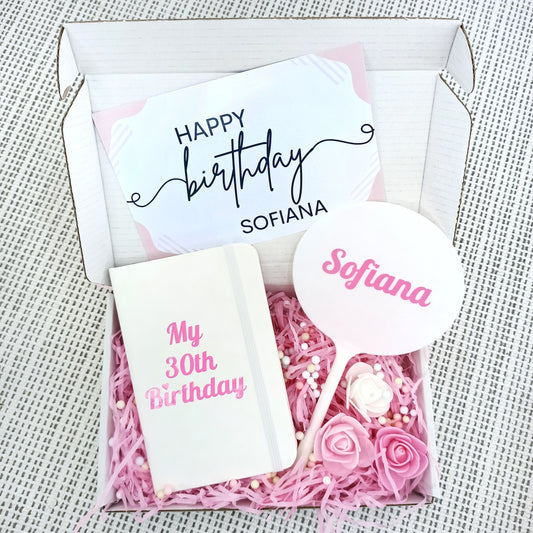 Μικρό κουτάκι προσωποποιημένο για δώρο γενεθλίων που περιέχει mini σημειωματάριο με το όνομα της εορτάζουσας σε ροζ χρώμα, στυλό προσωποποιημένο και ευχετήρια κάρτα.